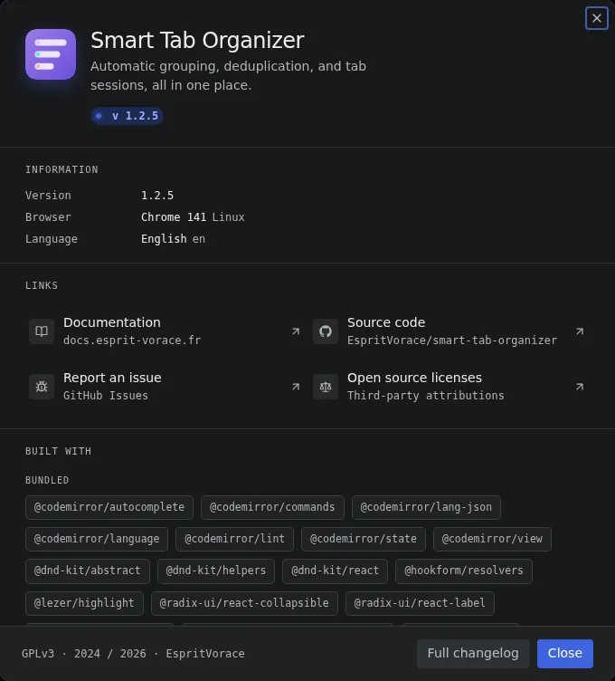 About dialog showing the version, environment details, useful links and open source credits.