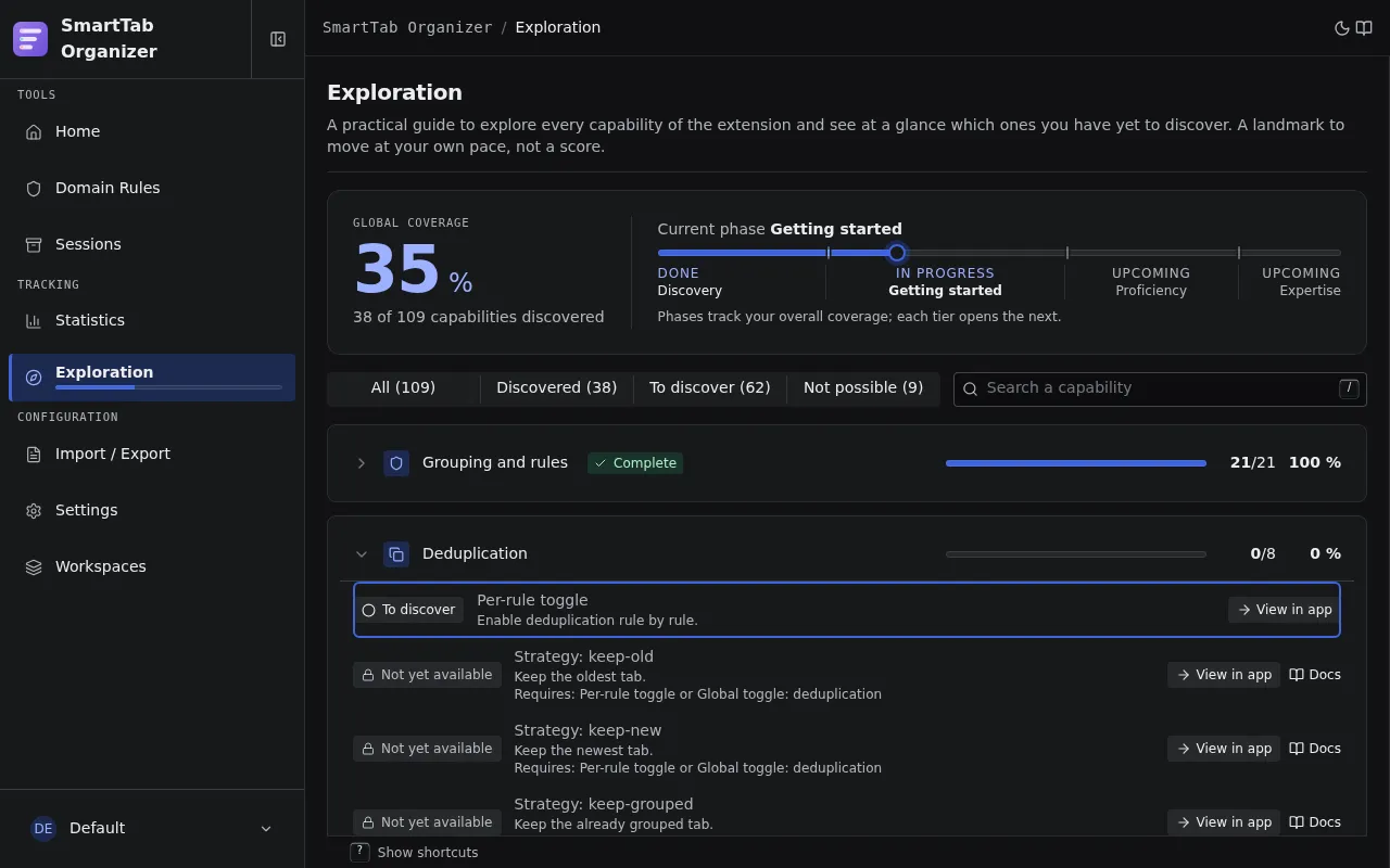 The Exploration catalogue page: global coverage and current phase, per-domain progress bars, and rows in the discovered, to discover and not yet available states.