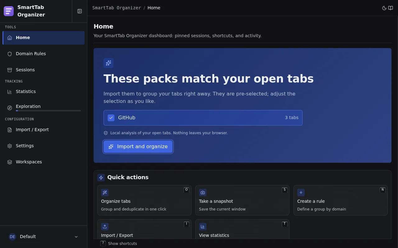 The home page in onboarding state: the contextual hero suggests the packs that match the open tabs, pre-selected, behind an Import and organize button.