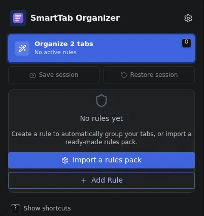 SmartTab Organizer popup on first launch, with no rule configured.