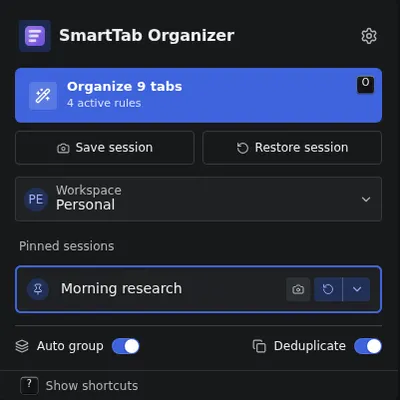 The SmartTab Organizer popup with its pinned profiles and workspace switcher.
