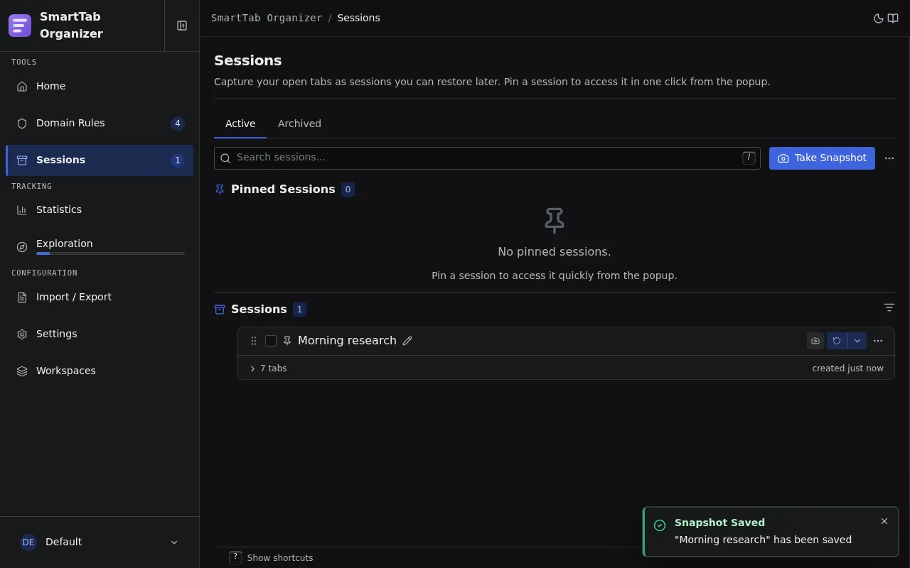 SmartTab Organizer sessions list with a saved snapshot.