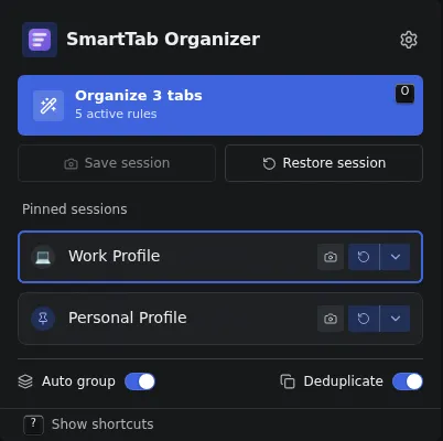 Detailed popup content with statistics, pinned profiles, and quick access.