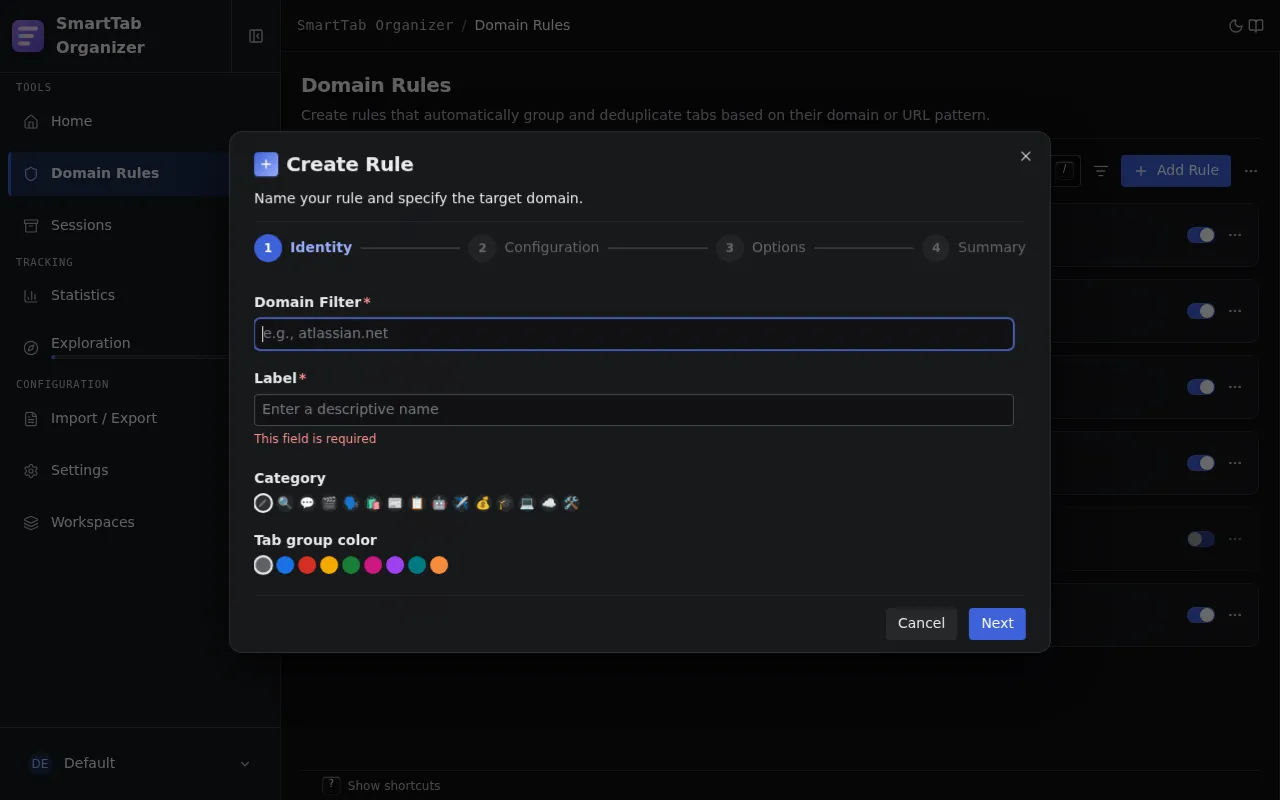 Step 1 of the rule creation wizard: identity (domain, label, category).