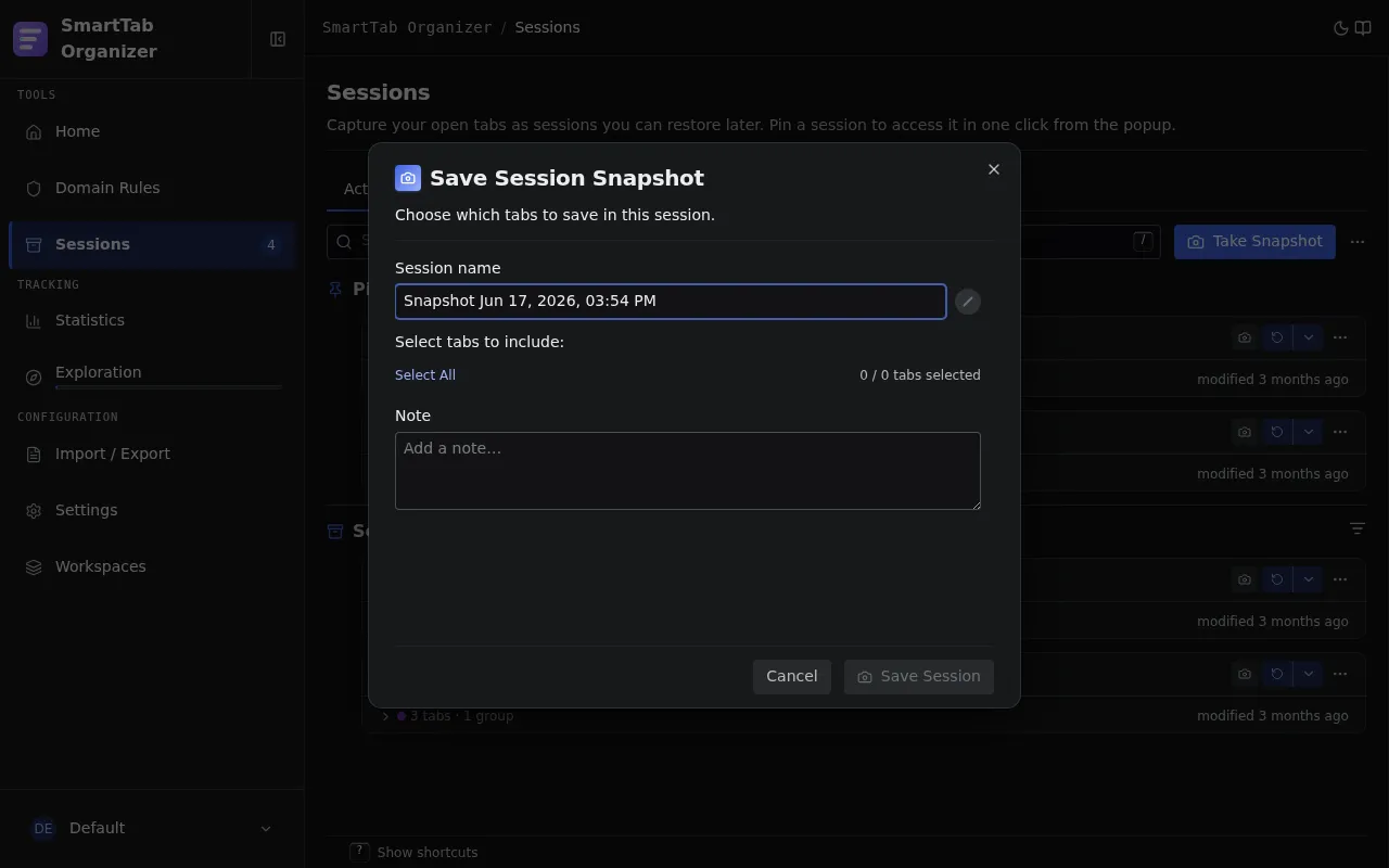 Session snapshot wizard: name, tab selection, category.