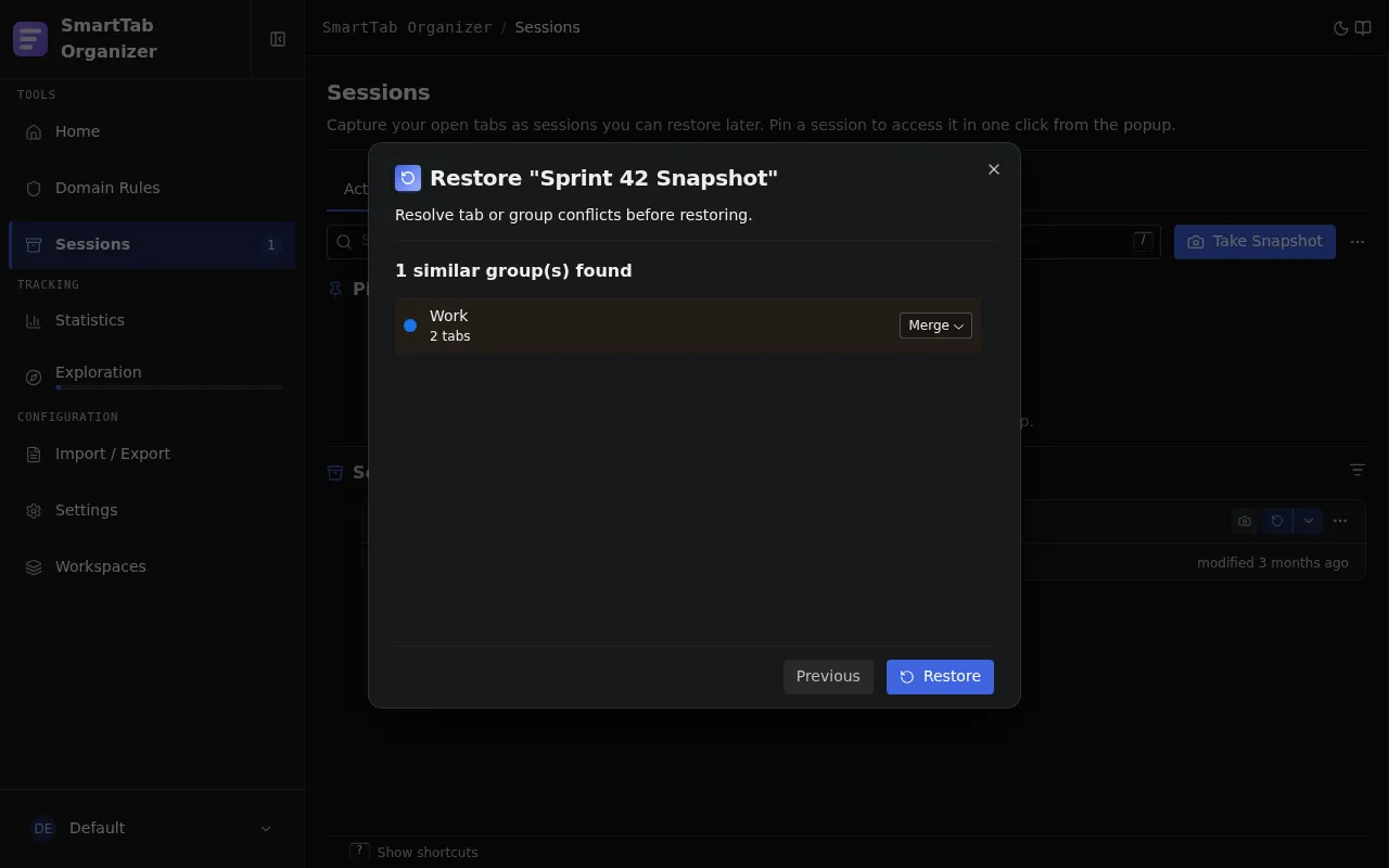 Restore wizard with conflict resolution: choose between Restore, Skip, Replace.
