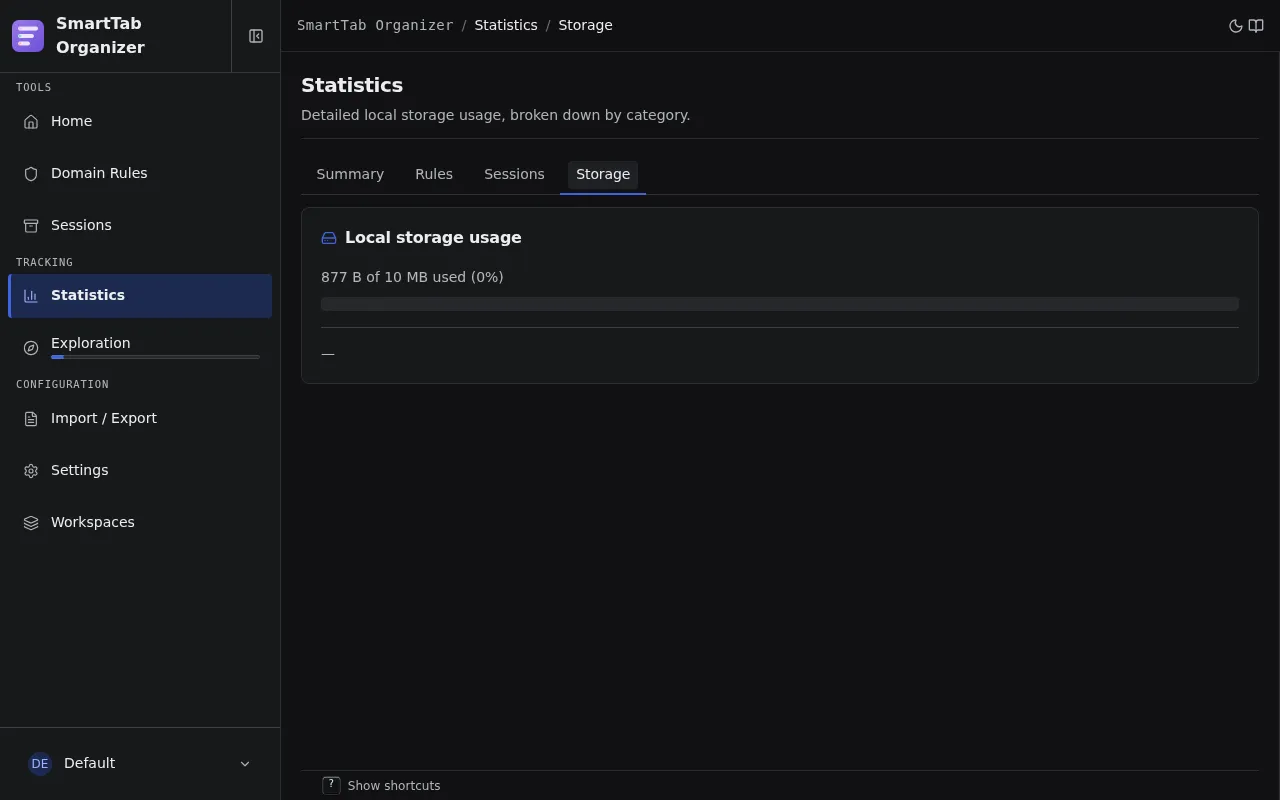 Statistics Storage sub-page with the quota bar and the per-category breakdown.