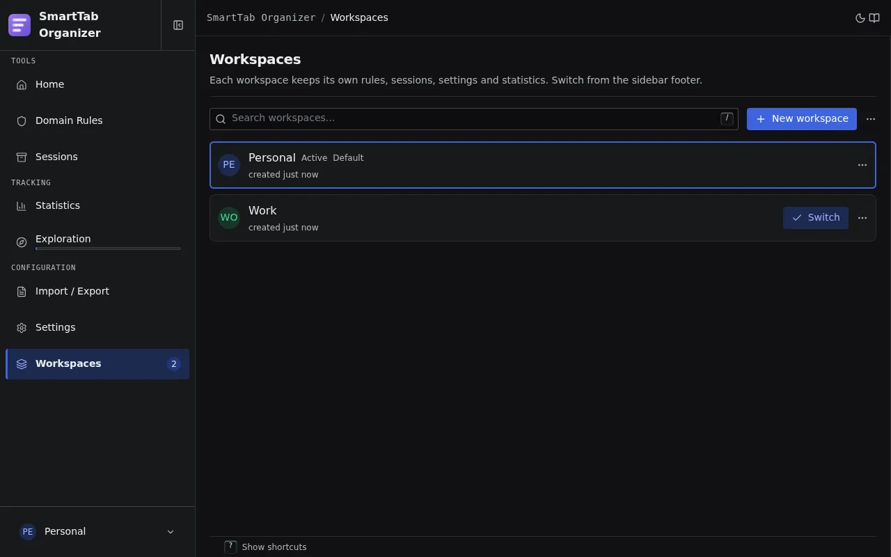 Workspaces page: the active workspace and an inactive one exposing its Switch button and its overflow menu.