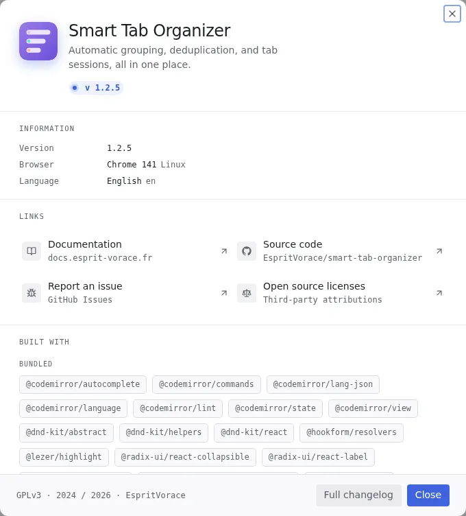About dialog showing the version, environment details, useful links and open source credits.