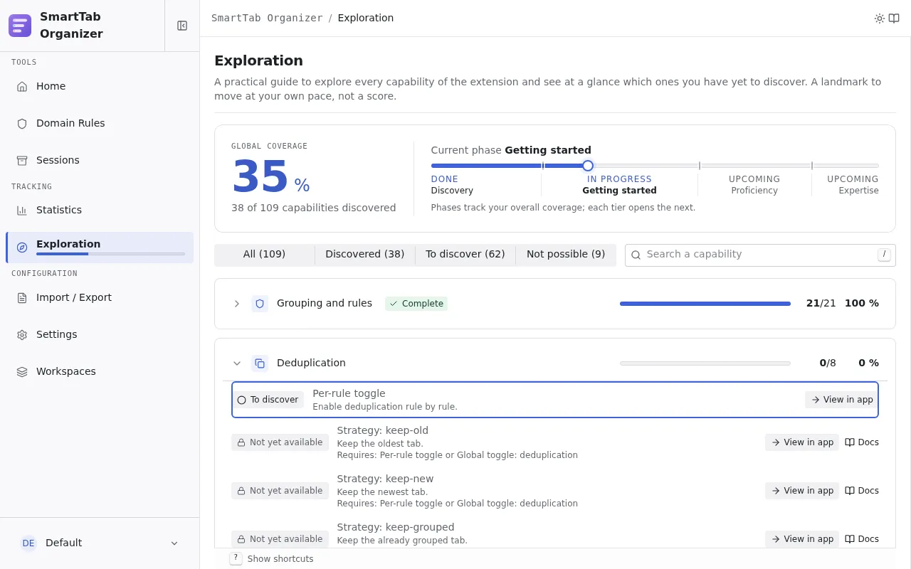 The Exploration catalogue page: global coverage and current phase, per-domain progress bars, and rows in the discovered, to discover and not yet available states.