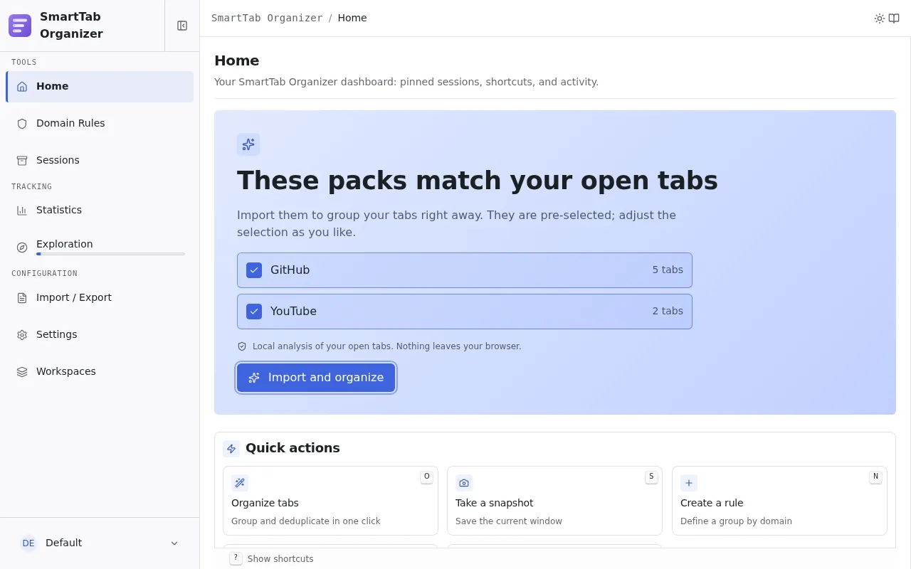 The home page in onboarding state: the contextual hero suggests the packs that match the open tabs, pre-selected, behind an Import and organize button.