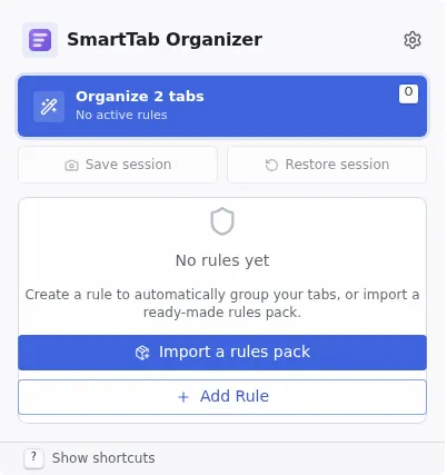 SmartTab Organizer popup on first launch, with no rule configured.