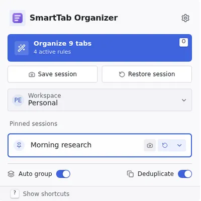 The SmartTab Organizer popup with its pinned profiles and workspace switcher.