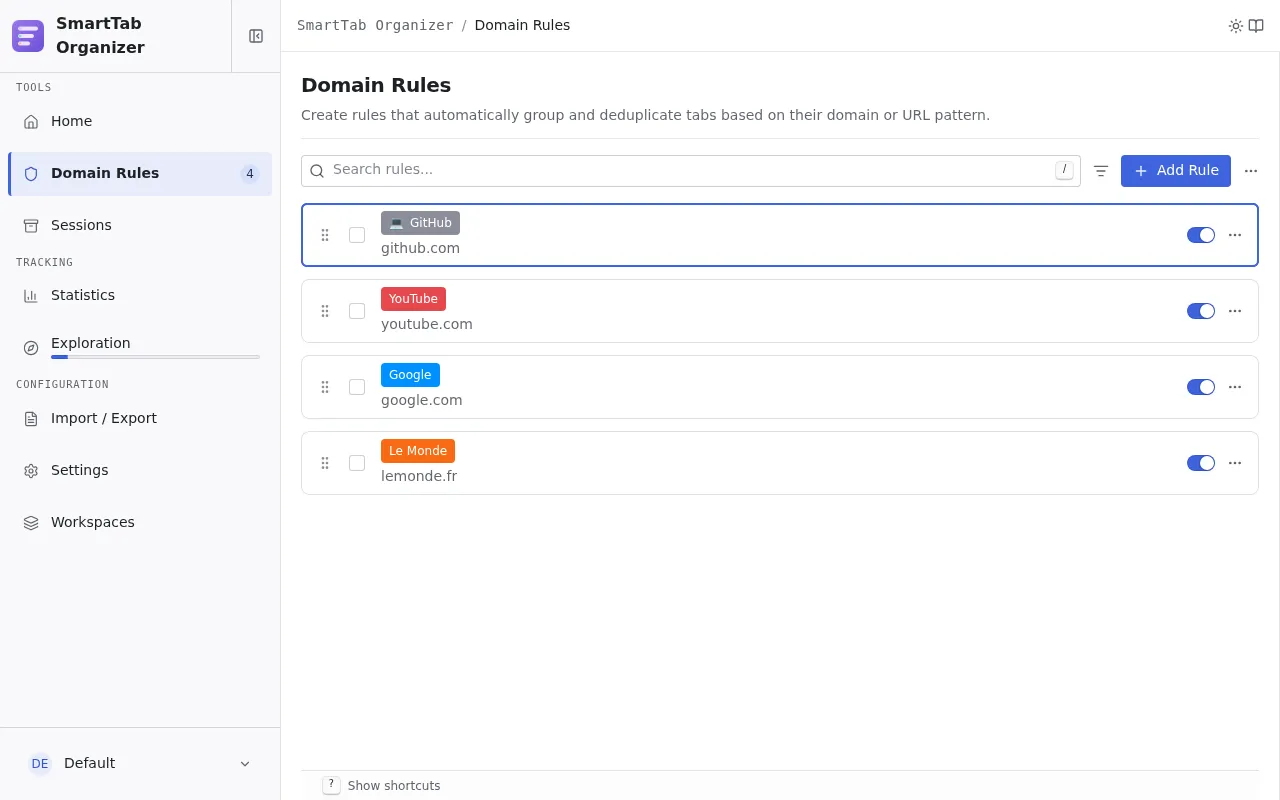 SmartTab Organizer Options page showing a list of domain rules.