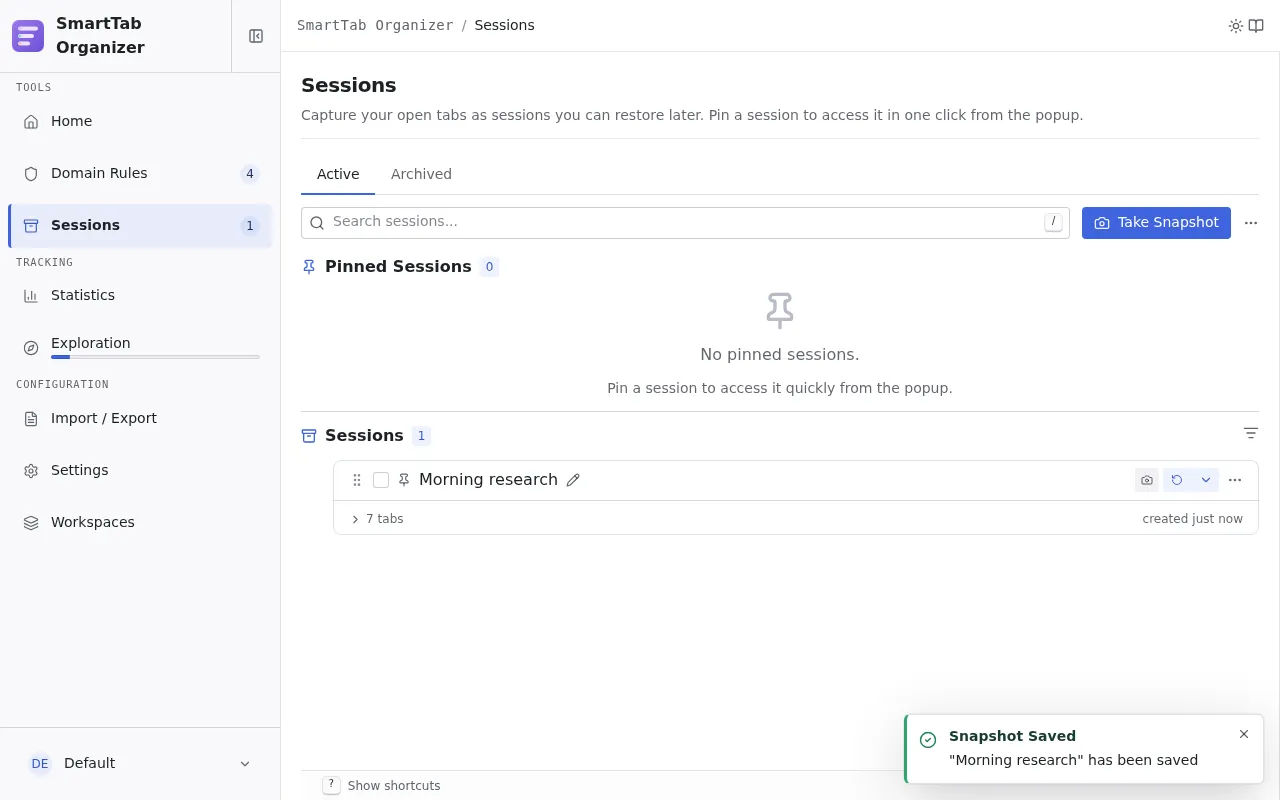 SmartTab Organizer sessions list with a saved snapshot.