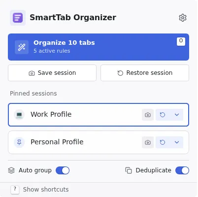 Detailed popup content with statistics, pinned profiles, and quick access.