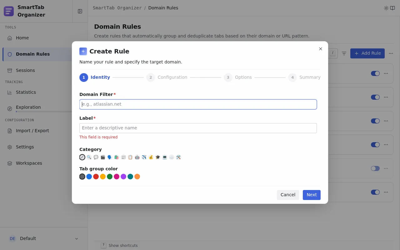 Step 1 of the rule creation wizard: identity (domain, label, category).