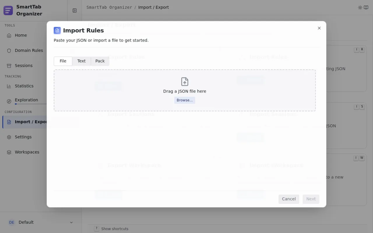 Import wizard: choose between File, Text, or Pack.