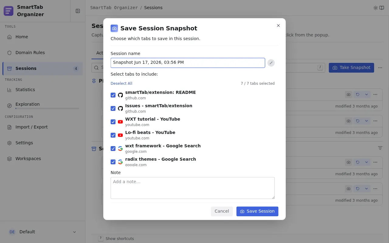 Session snapshot wizard: name, tab selection, category.