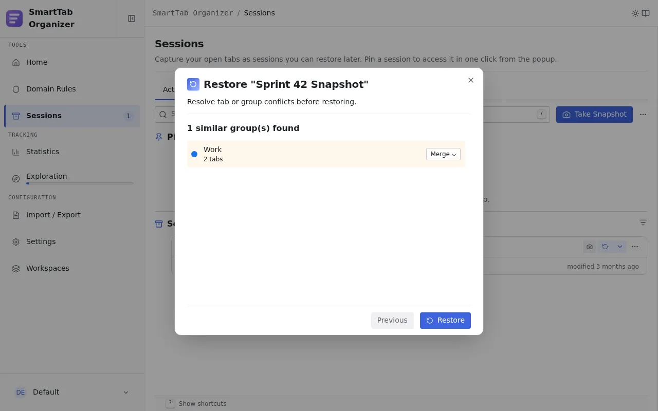 Restore wizard with conflict resolution: choose between Restore, Skip, Replace.