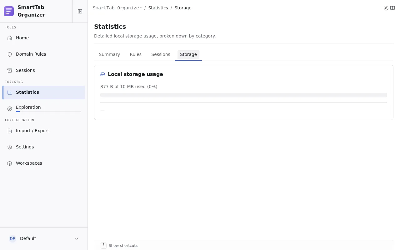 Statistics Storage sub-page with the quota bar and the per-category breakdown.
