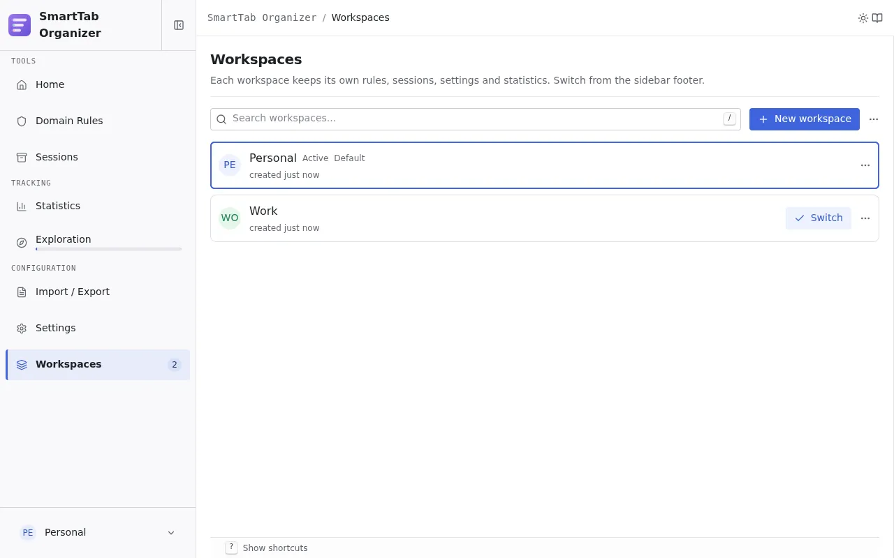 Workspaces page: the active workspace and an inactive one exposing its Switch button and its overflow menu.