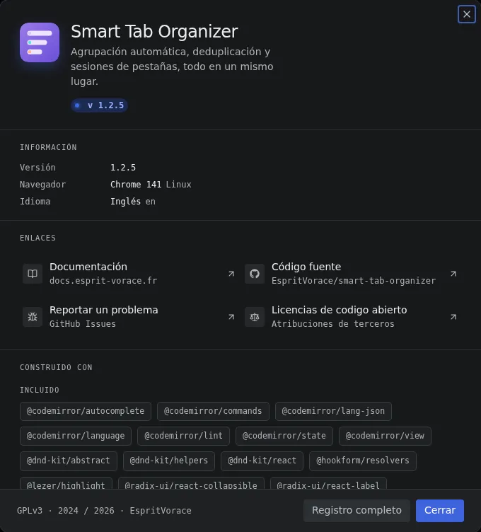 El cuadro Acerca de mostrando la versión, los detalles del entorno, los enlaces útiles y los créditos de código abierto.