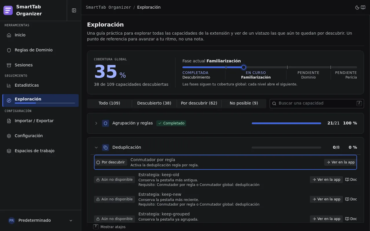 La página Catálogo de exploración: cobertura global y fase actual, barras de progreso por dominio, y filas en los estados descubierto, por descubrir y aún no disponible.