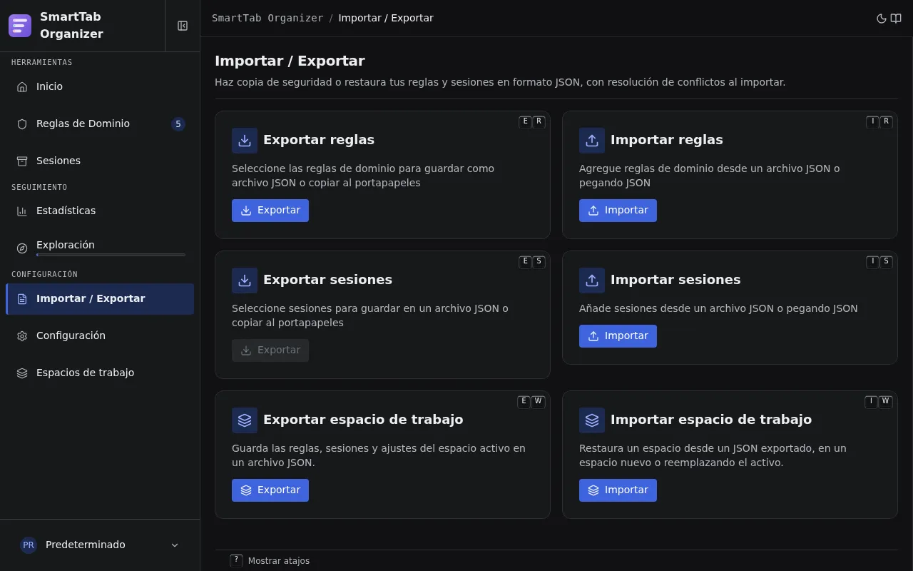 Página Importar / Exportar con sus seis acciones: exportar e importar reglas, sesiones y espacio de trabajo.