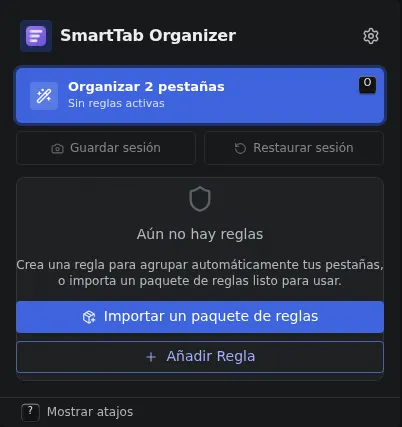 Popup de SmartTab Organizer en el primer arranque, sin ninguna regla configurada.