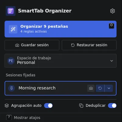 La ventana emergente de SmartTab Organizer con sus perfiles fijados y su selector de espacio de trabajo.