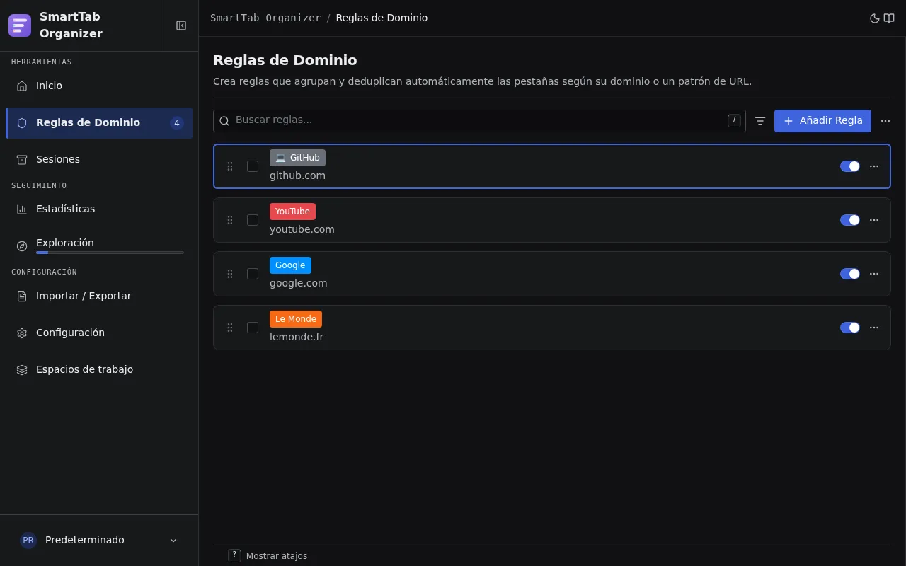 Página de Opciones de SmartTab Organizer mostrando una lista de reglas de dominio.