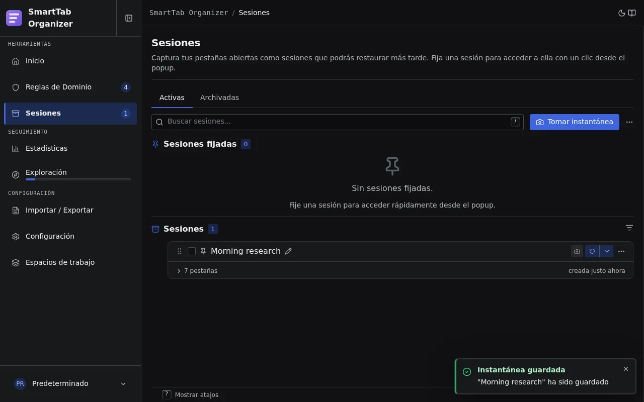 Lista de sesiones de SmartTab Organizer con una instantánea guardada.