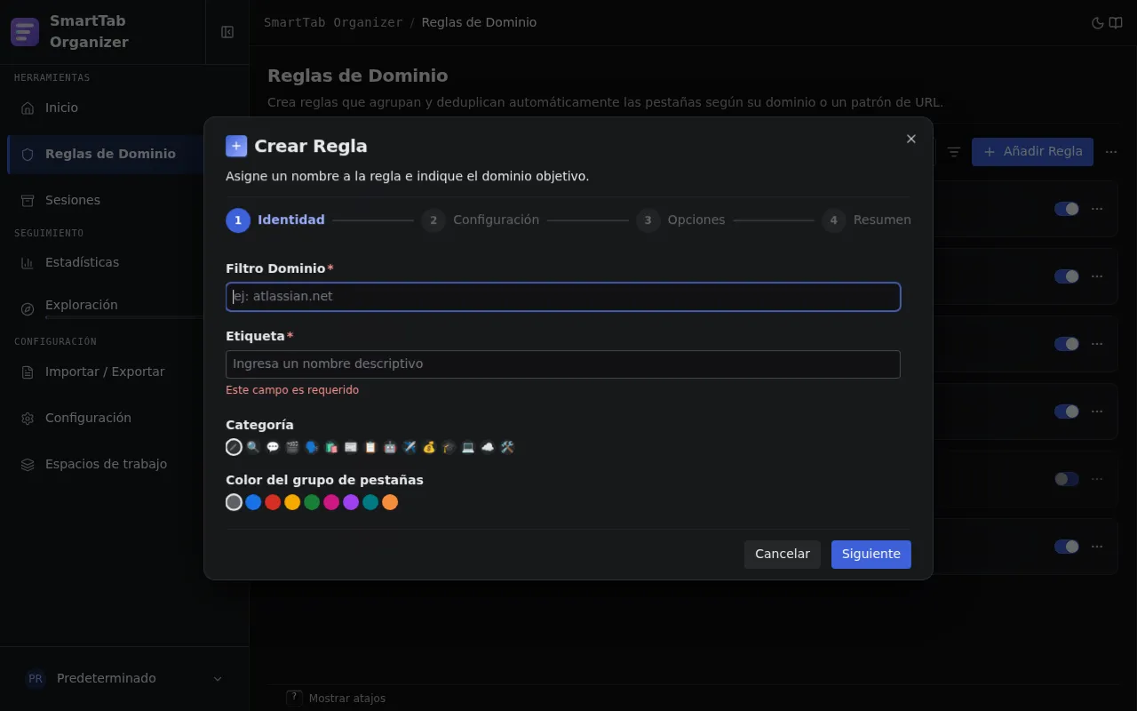 Paso 1 del asistente de creación de regla: identidad (dominio, etiqueta, categoría).