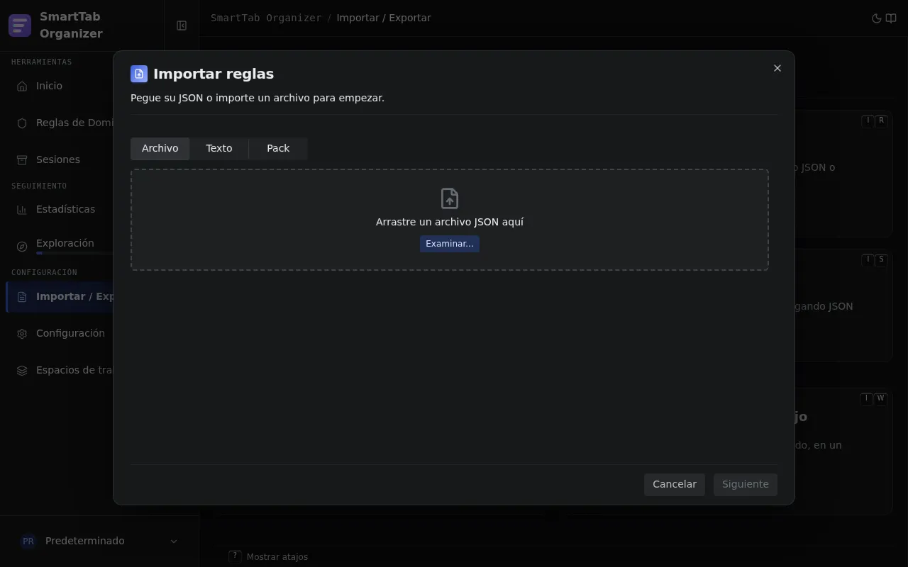Asistente de importación: elegir entre archivo, texto pegado o pack.