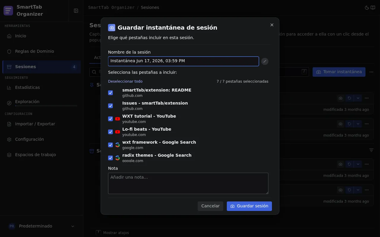 Asistente para capturar una instantánea de sesión: nombre, selección de pestañas, categoría.