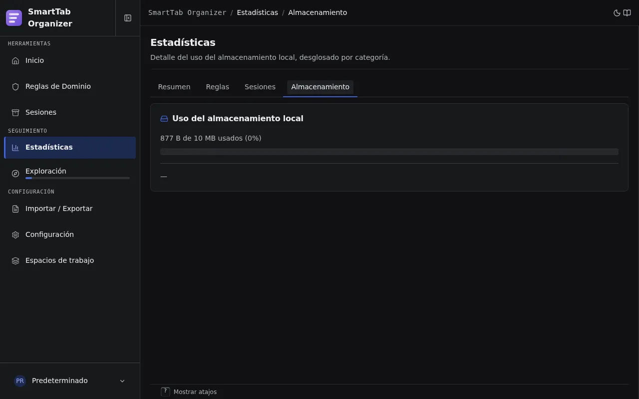 Subpágina Almacenamiento de las estadísticas con la barra de cuota y el desglose por categoría.