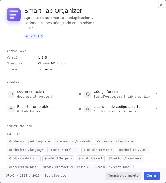 El cuadro Acerca de mostrando la versión, los detalles del entorno, los enlaces útiles y los créditos de código abierto.
