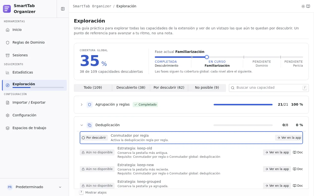 La página Catálogo de exploración: cobertura global y fase actual, barras de progreso por dominio, y filas en los estados descubierto, por descubrir y aún no disponible.