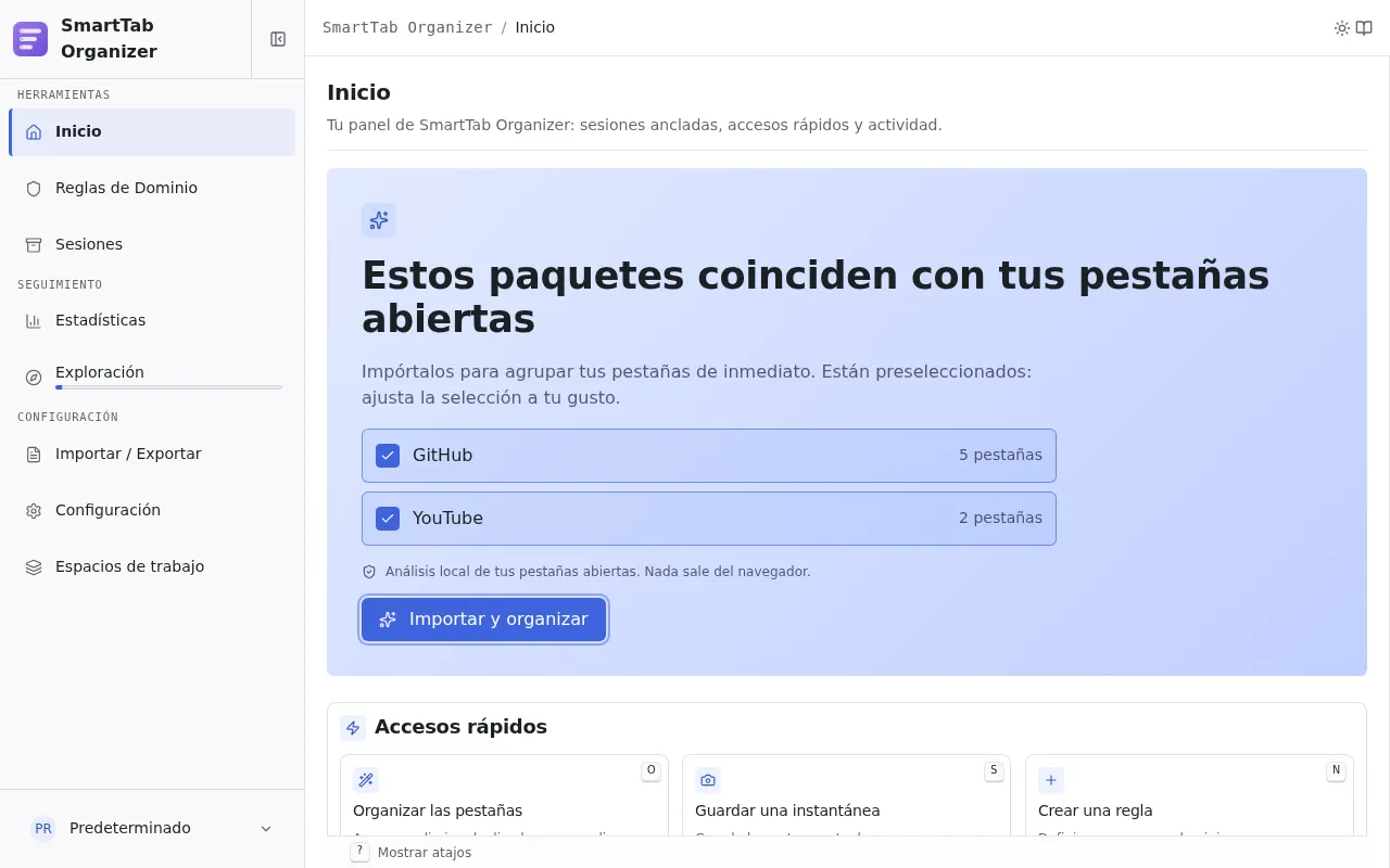La página de inicio en estado de onboarding: el Hero contextual sugiere los packs que coinciden con las pestañas abiertas, preseleccionados, tras un botón Importar y organizar.