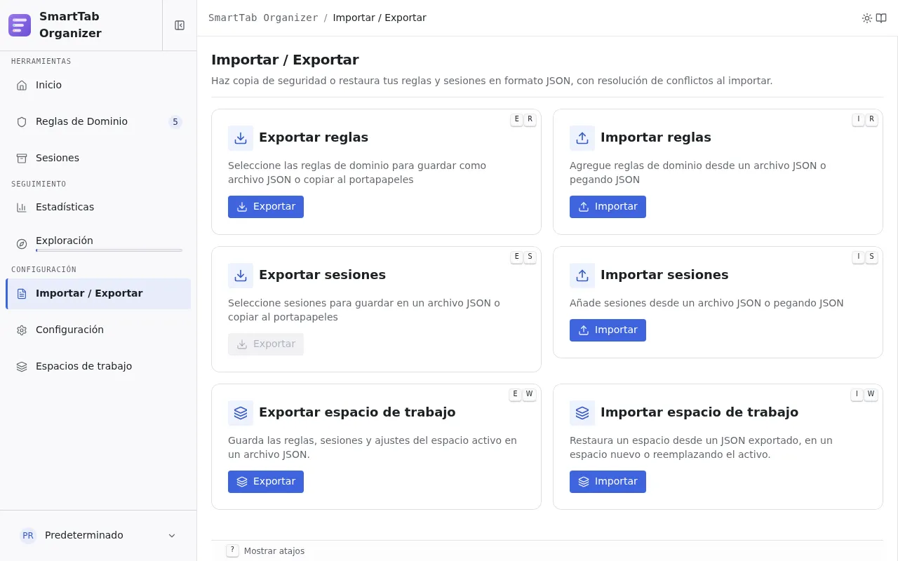 Página Importar / Exportar con sus seis acciones: exportar e importar reglas, sesiones y espacio de trabajo.