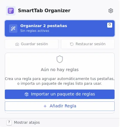 Popup de SmartTab Organizer en el primer arranque, sin ninguna regla configurada.