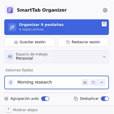 La ventana emergente de SmartTab Organizer con sus perfiles fijados y su selector de espacio de trabajo.
