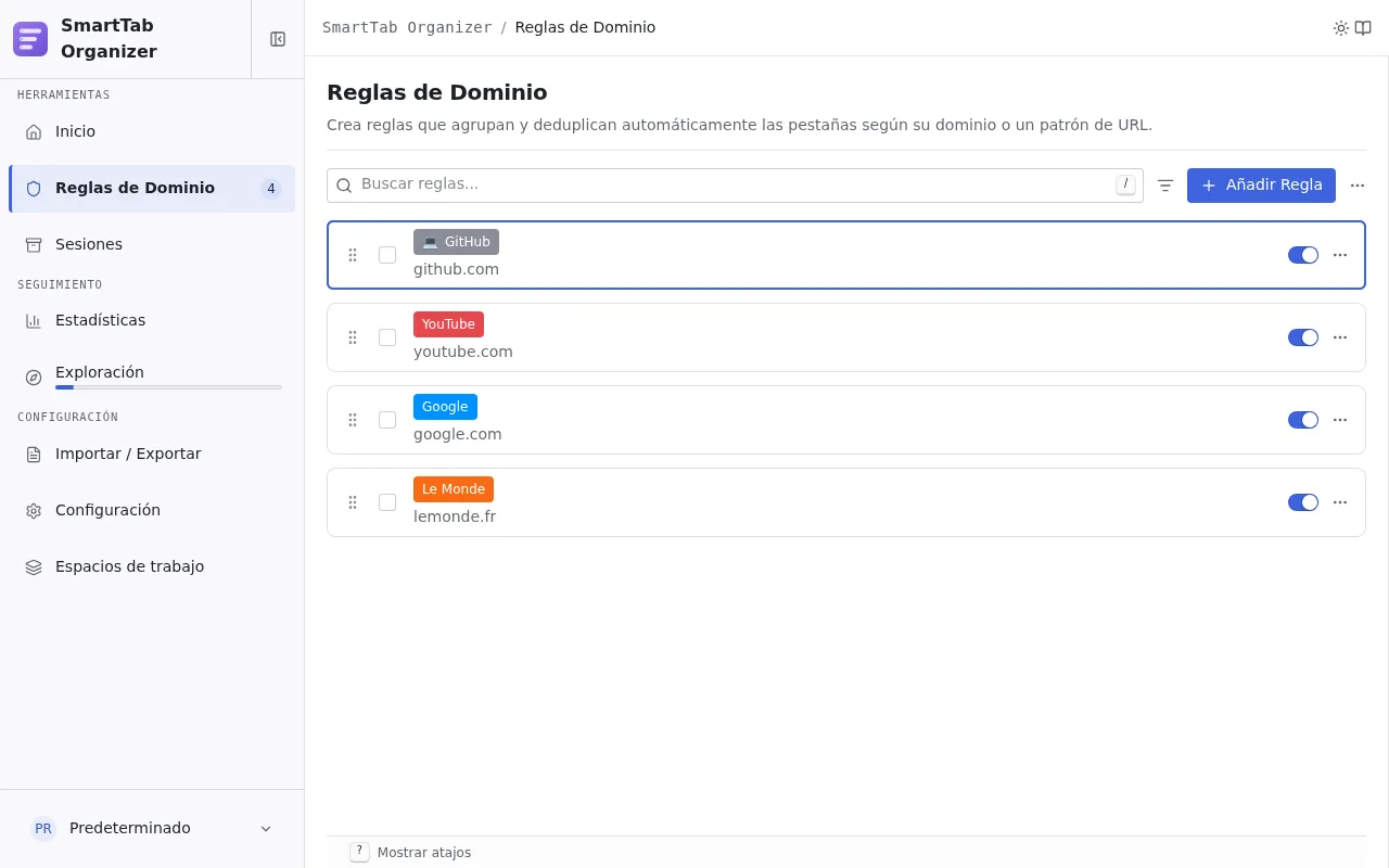 Página de Opciones de SmartTab Organizer mostrando una lista de reglas de dominio.