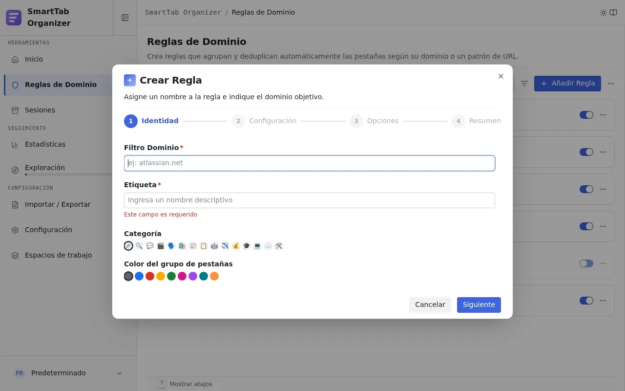 Paso 1 del asistente de creación de regla: identidad (dominio, etiqueta, categoría).