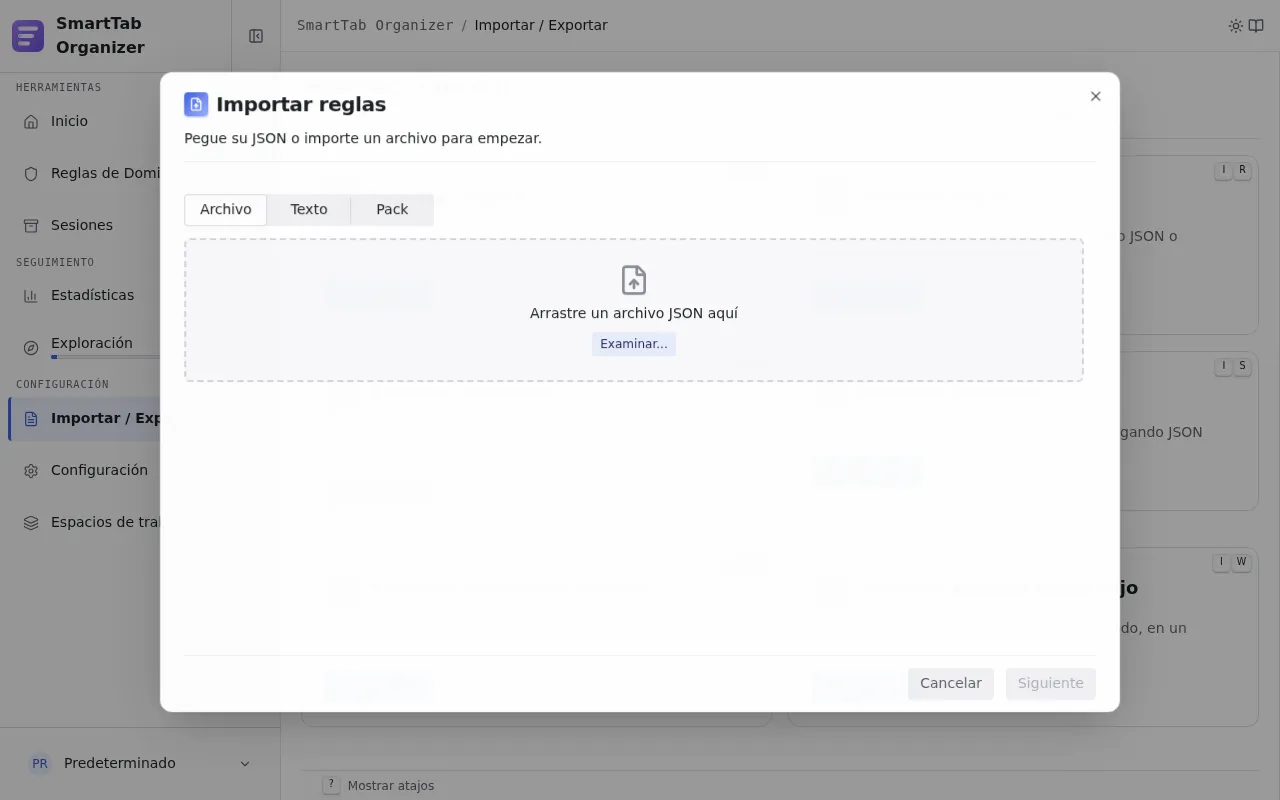 Asistente de importación: elegir entre archivo, texto pegado o pack.