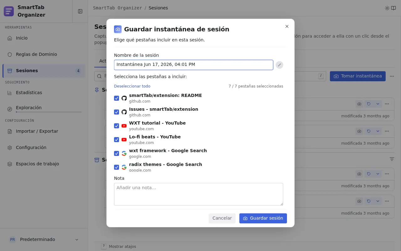 Asistente para capturar una instantánea de sesión: nombre, selección de pestañas, categoría.