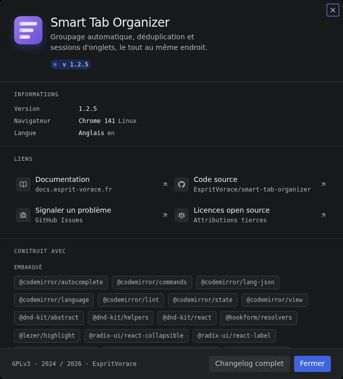 La boîte À propos affichant la version, les détails d'environnement, les liens utiles et les crédits open source.