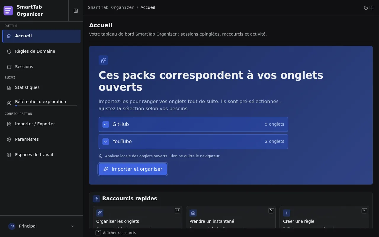 La page d'accueil en état d'onboarding : le Hero contextuel suggère les packs qui correspondent aux onglets ouverts, pré-sélectionnés, derrière un bouton Importer et organiser.