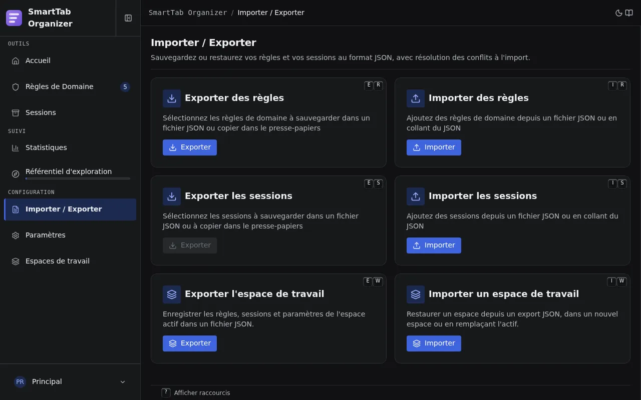Page Import / Export avec ses six actions : exporter/importer règles, sessions et workspace.